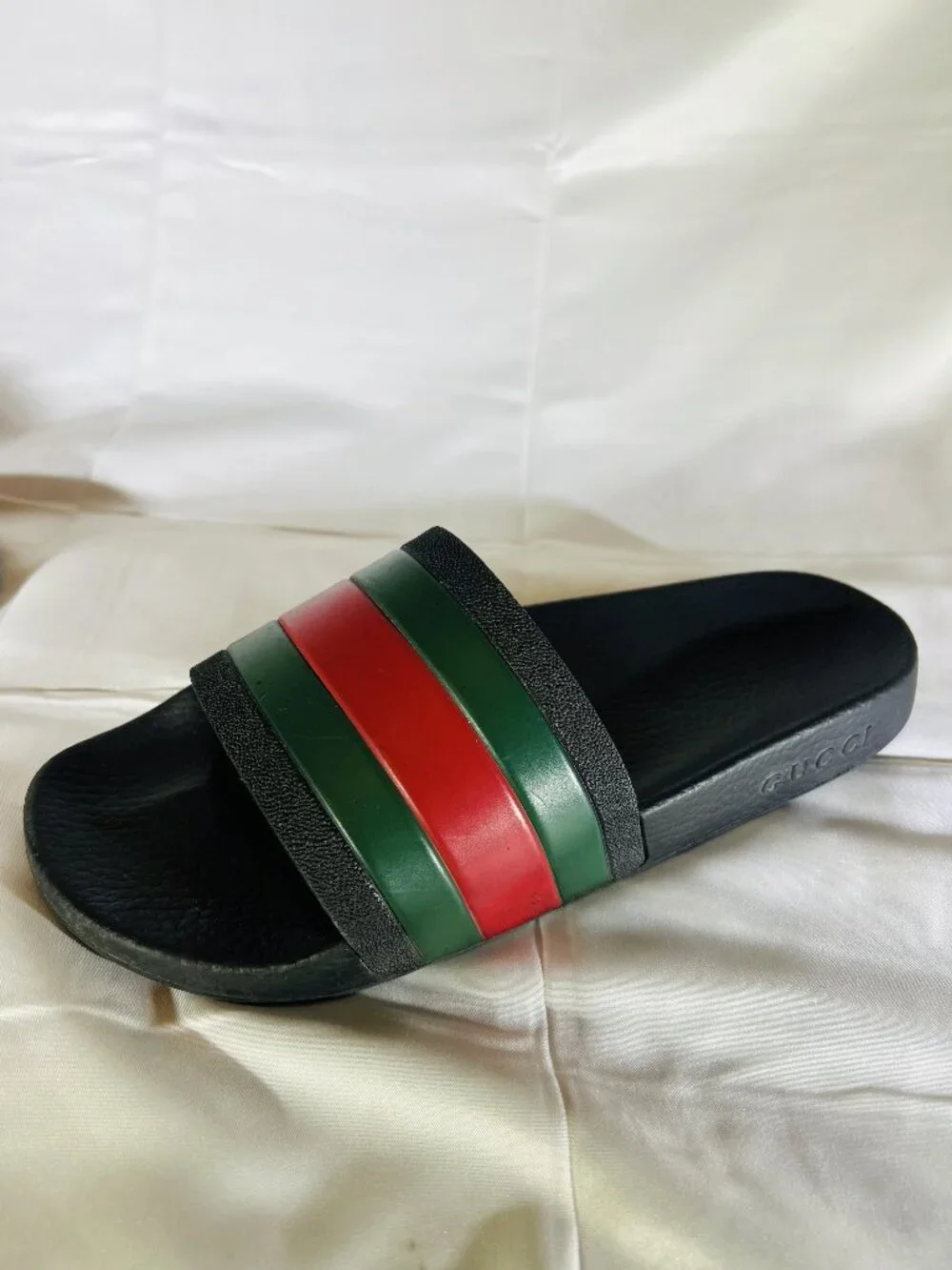 Gucci Men's Slide Sandals 308234 GIB10 Black Green Red Striped Rubber Size 7